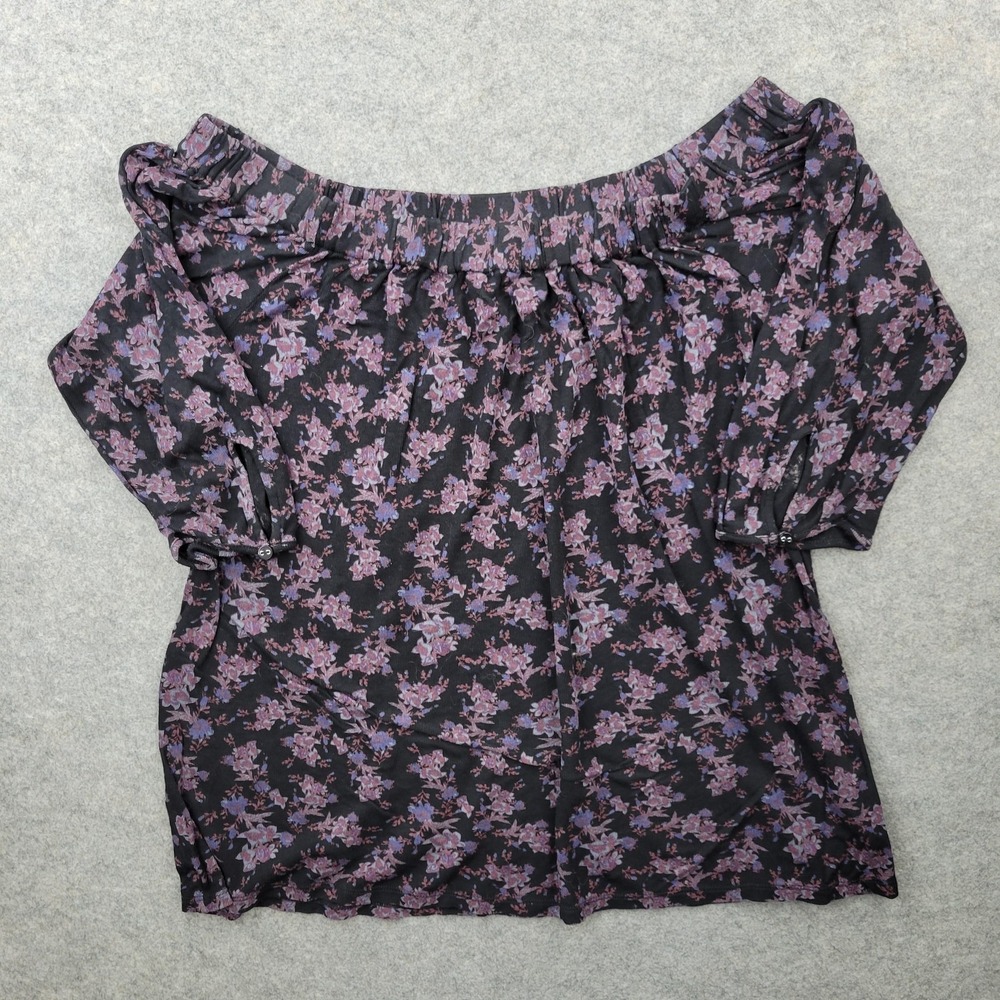 Deletta Blouse Womens Small Black Purple Floral Boat Neck 3/4 Sleeve Top Rayon